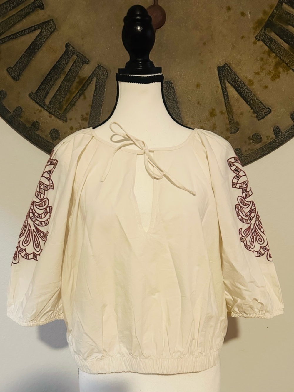 Universal Thread Cream Peasant Blouse with Burgundy Sleeve Embroidery